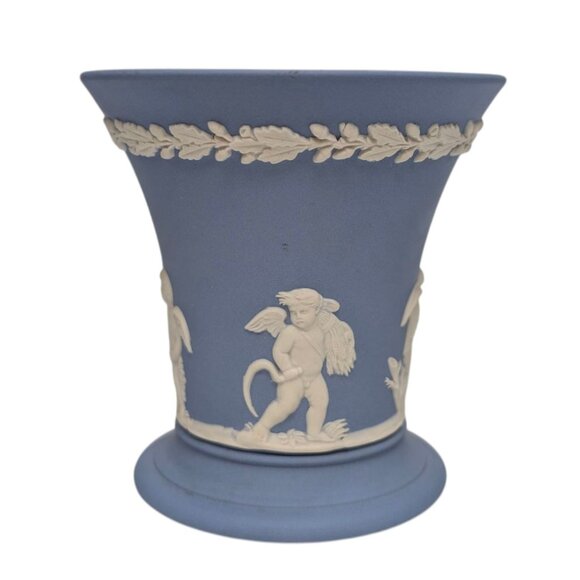 Vtg Wedgewood Jasperware Trumpet Vase Blue Neoclassical Raised Relief 3.5" - Picture 14 of 14